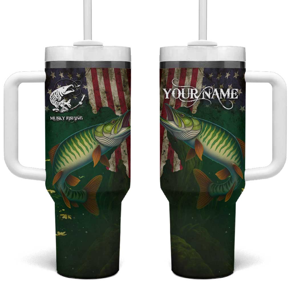 Musky Fishing Design Tumbler With Handle with American Flag Background and Custom Name Print - Wonder Print Shop