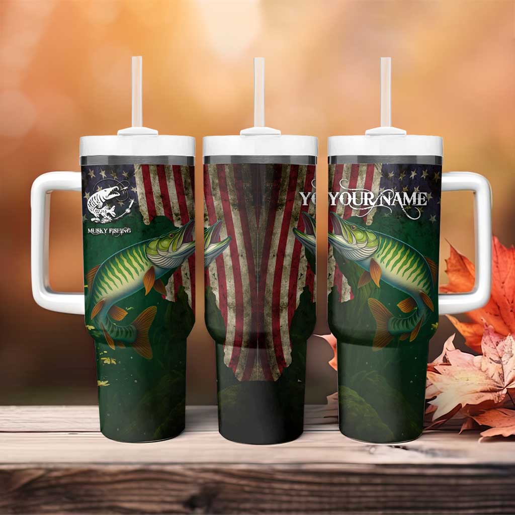 Musky Fishing Design Tumbler With Handle with American Flag Background and Custom Name Print - Wonder Print Shop