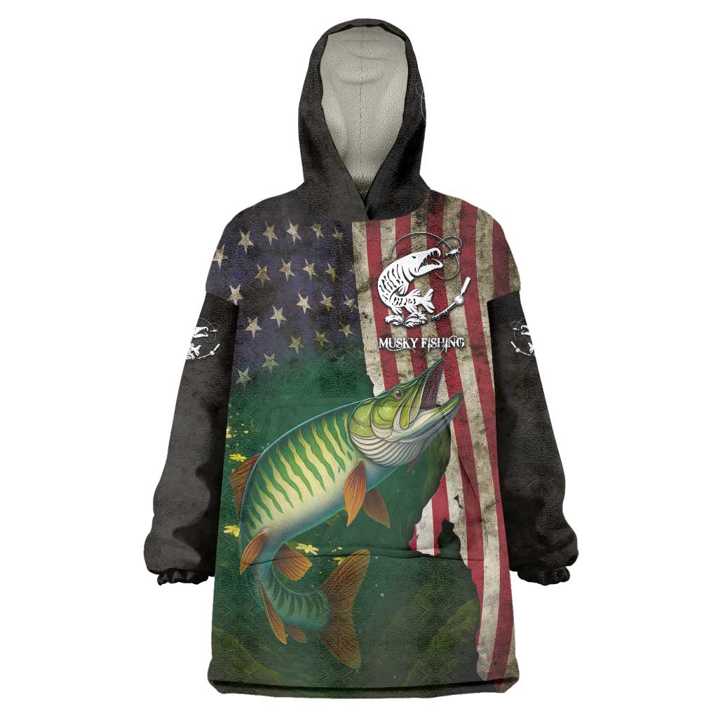Musky Fishing Design Wearable Blanket Hoodie with American Flag Background and Custom Name Print - Wonder Print Shop