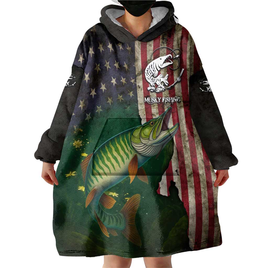 Musky Fishing Design Wearable Blanket Hoodie with American Flag Background and Custom Name Print - Wonder Print Shop