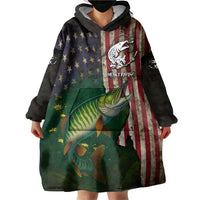 Musky Fishing Design Wearable Blanket Hoodie with American Flag Background and Custom Name Print - Wonder Print Shop