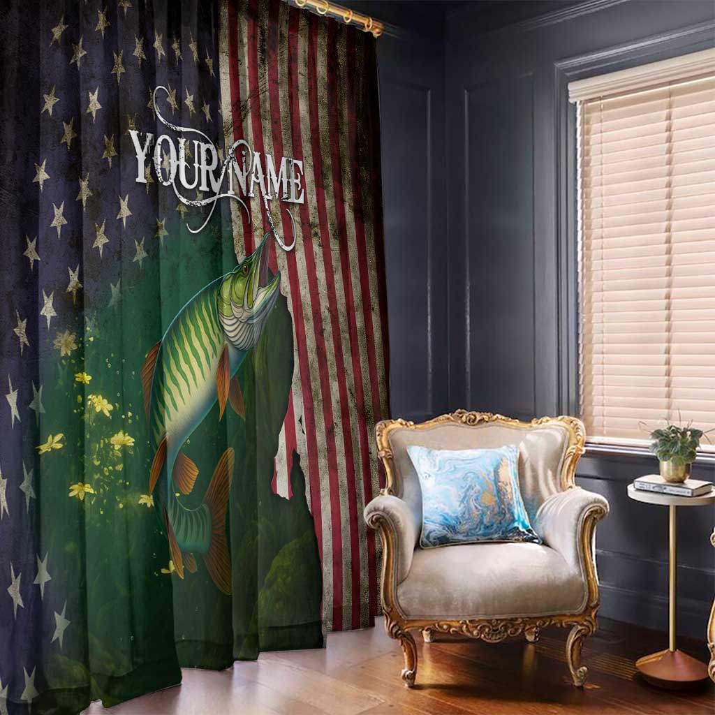 Musky Fishing Design Window Curtain with American Flag Background and Custom Name Print - Wonder Print Shop