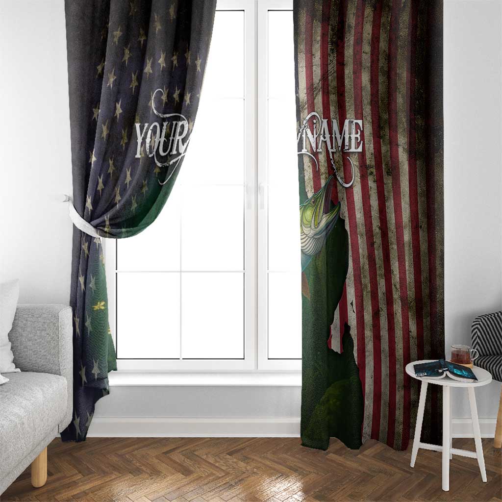 Musky Fishing Design Window Curtain with American Flag Background and Custom Name Print - Wonder Print Shop