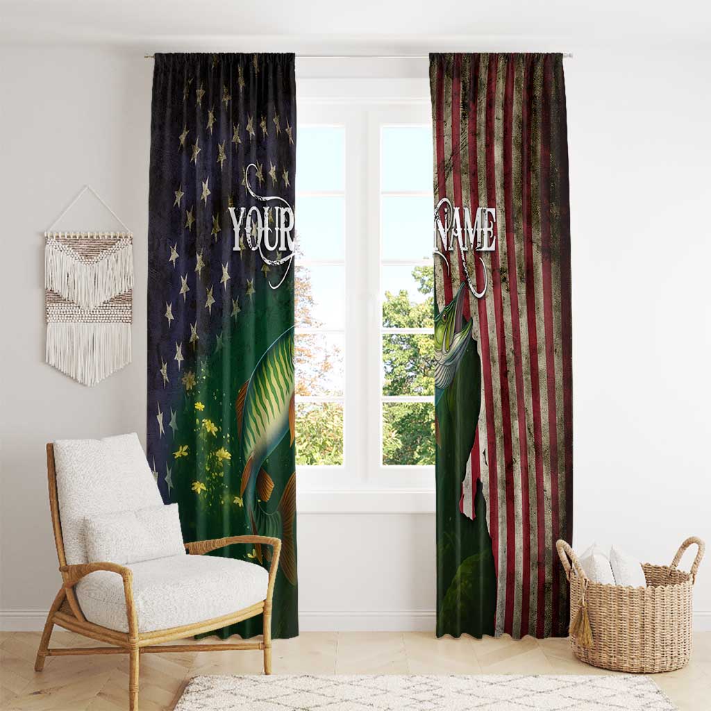 Musky Fishing Design Window Curtain with American Flag Background and Custom Name Print - Wonder Print Shop