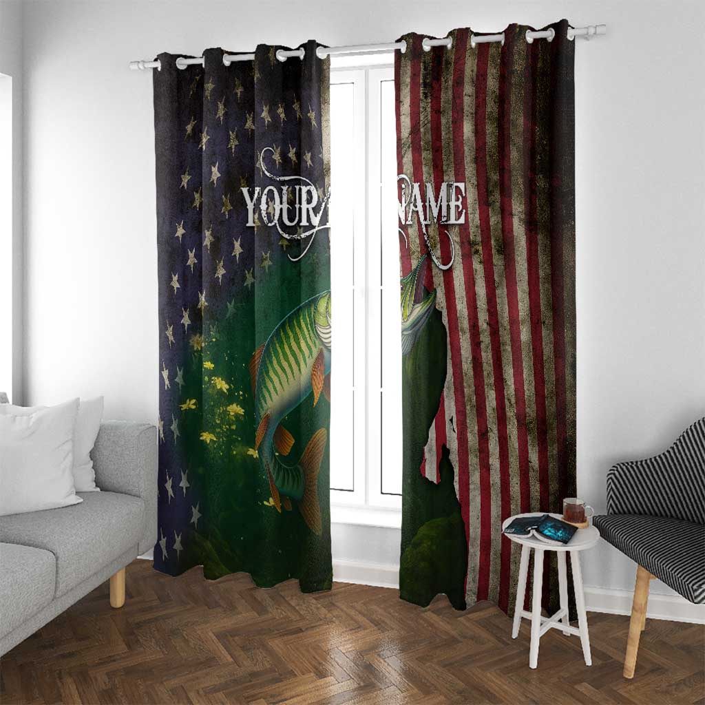 Musky Fishing Design Window Curtain with American Flag Background and Custom Name Print - Wonder Print Shop