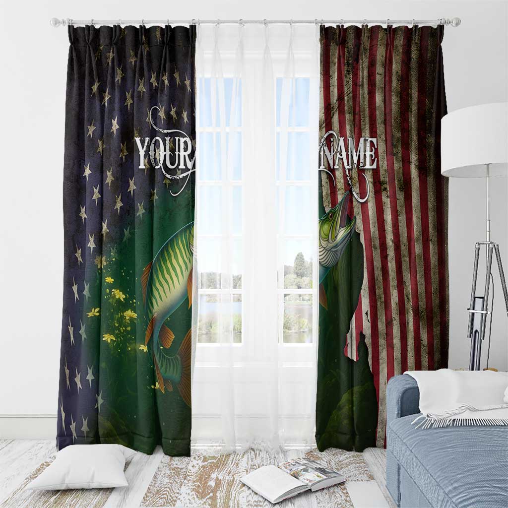 Musky Fishing Design Window Curtain with American Flag Background and Custom Name Print - Wonder Print Shop