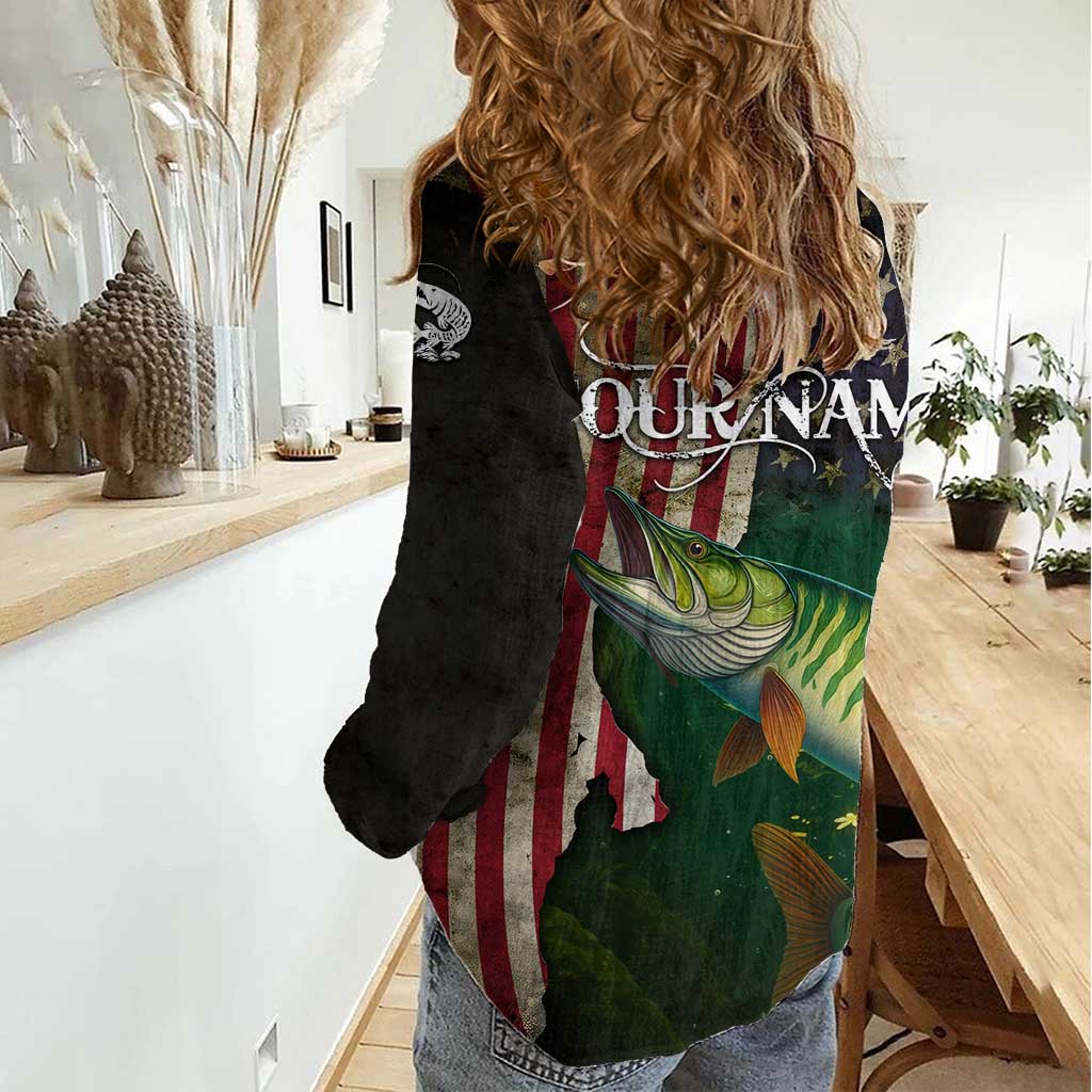 Musky Fishing Design Women Casual Shirt with American Flag Background and Custom Name Print - Wonder Print Shop
