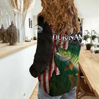 Musky Fishing Design Women Casual Shirt with American Flag Background and Custom Name Print - Wonder Print Shop