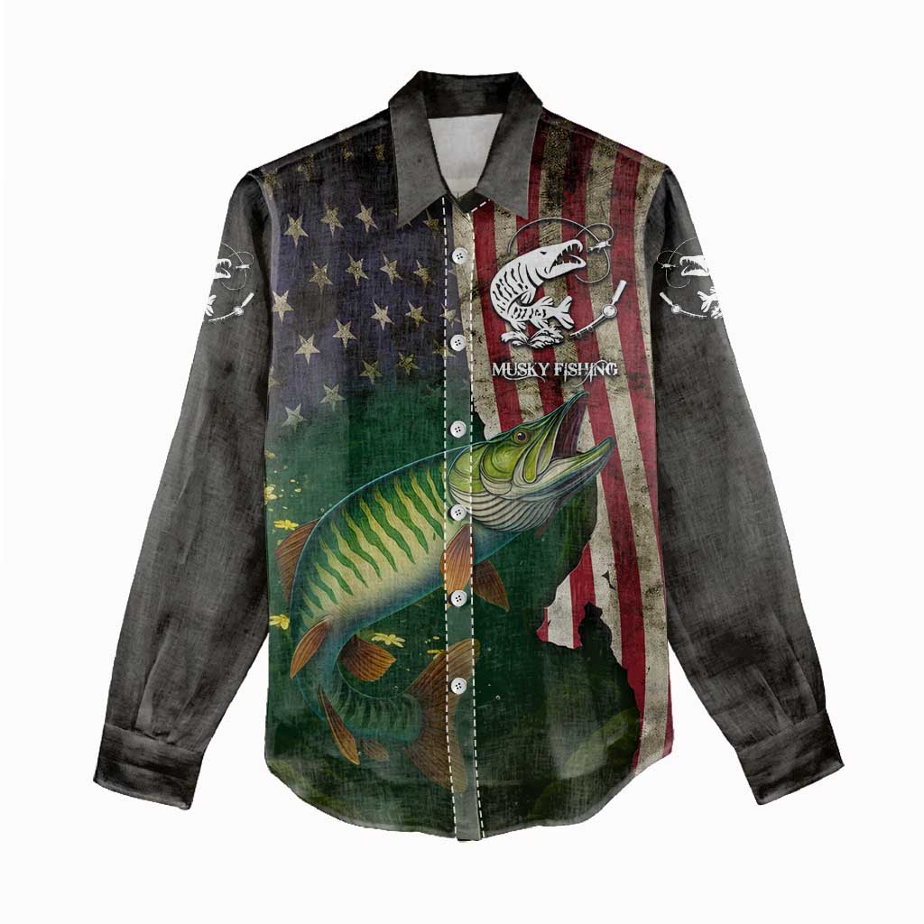 Musky Fishing Design Women Casual Shirt with American Flag Background and Custom Name Print - Wonder Print Shop