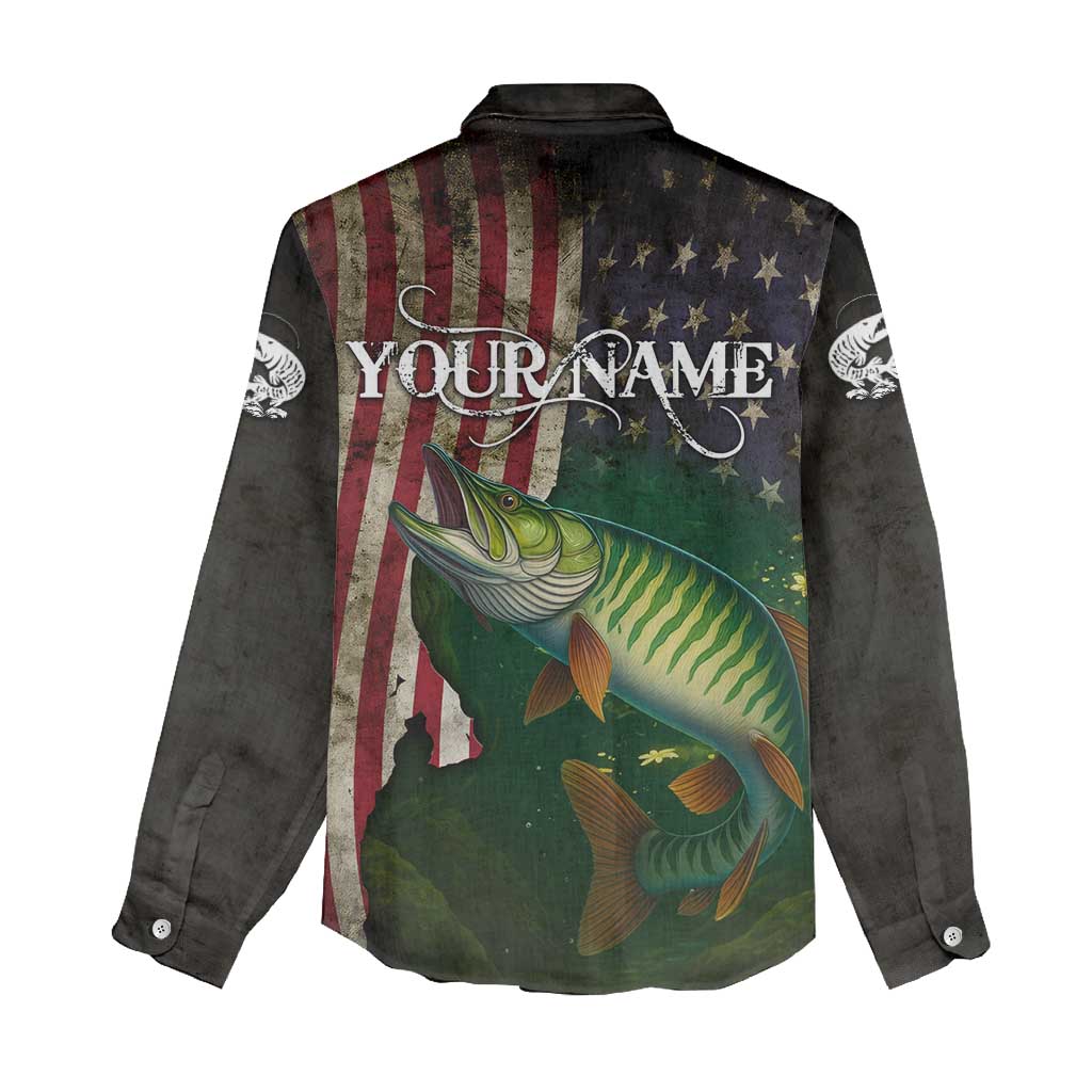 Musky Fishing Design Women Casual Shirt with American Flag Background and Custom Name Print - Wonder Print Shop