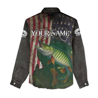 Musky Fishing Design Women Casual Shirt with American Flag Background and Custom Name Print - Wonder Print Shop