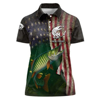 Musky Fishing Design Women Polo Shirt with American Flag Background and Custom Name Print - Wonder Print Shop