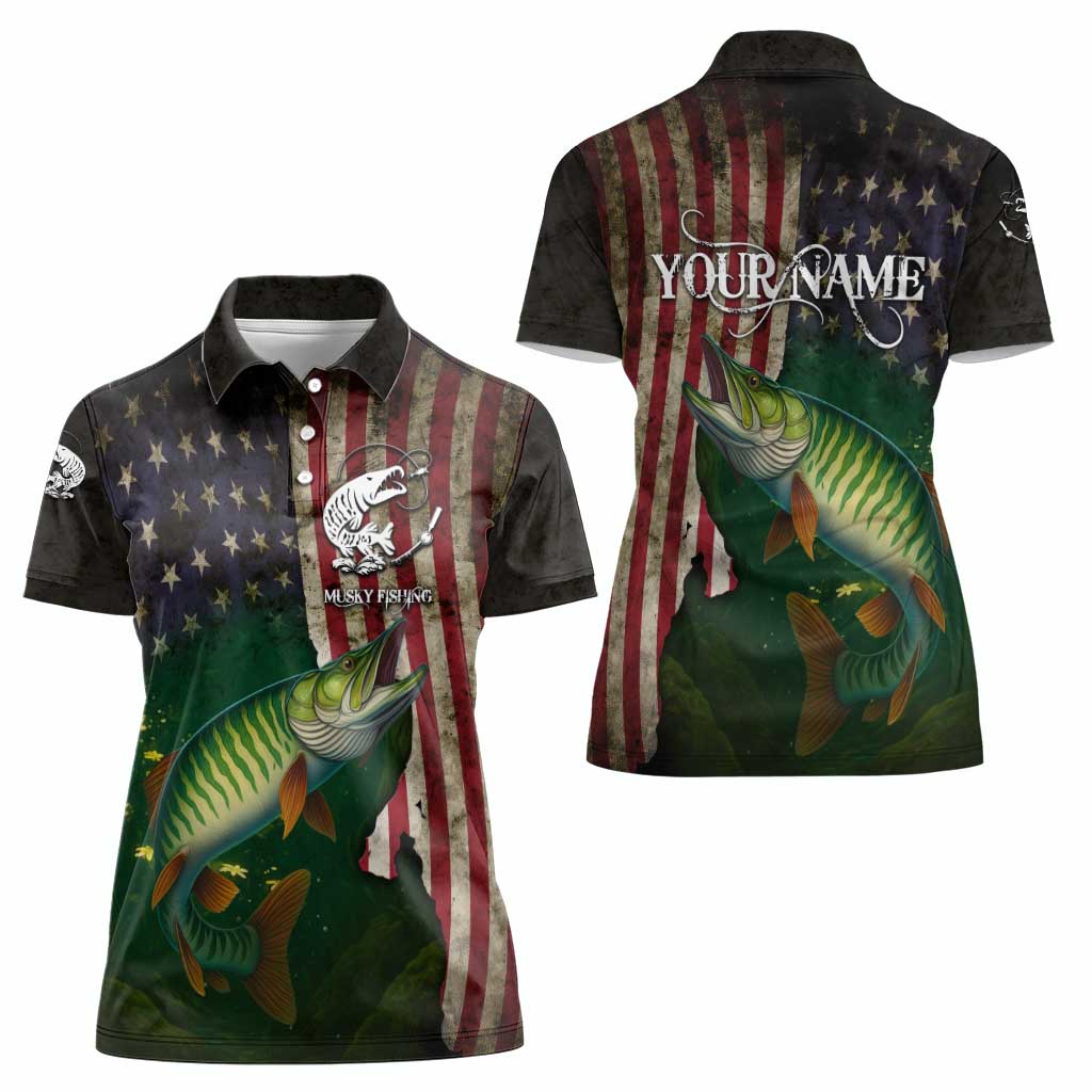 Musky Fishing Design Women Polo Shirt with American Flag Background and Custom Name Print - Wonder Print Shop