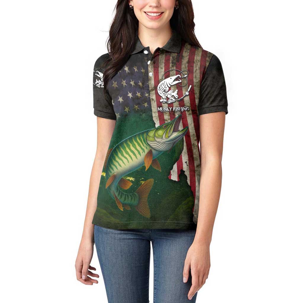 Musky Fishing Design Women Polo Shirt with American Flag Background and Custom Name Print - Wonder Print Shop