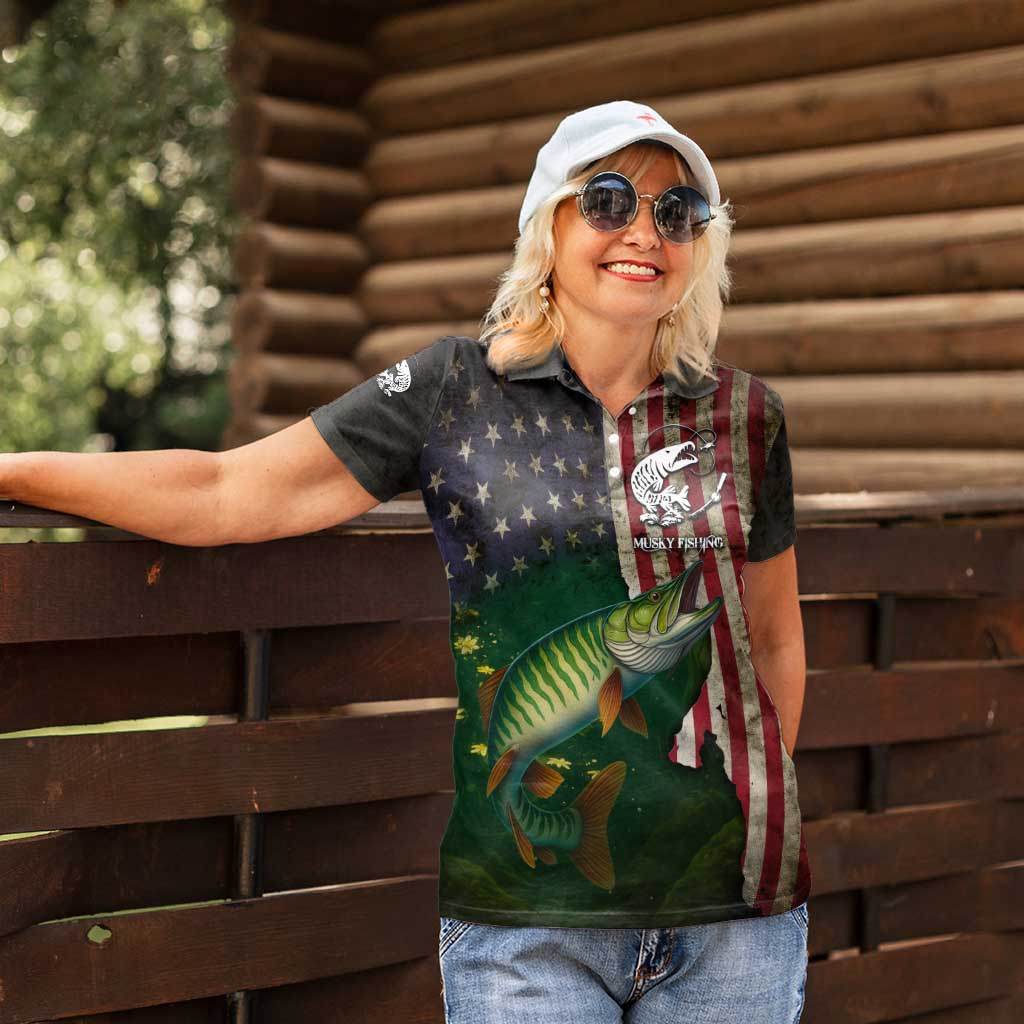 Musky Fishing Design Women Polo Shirt with American Flag Background and Custom Name Print - Wonder Print Shop