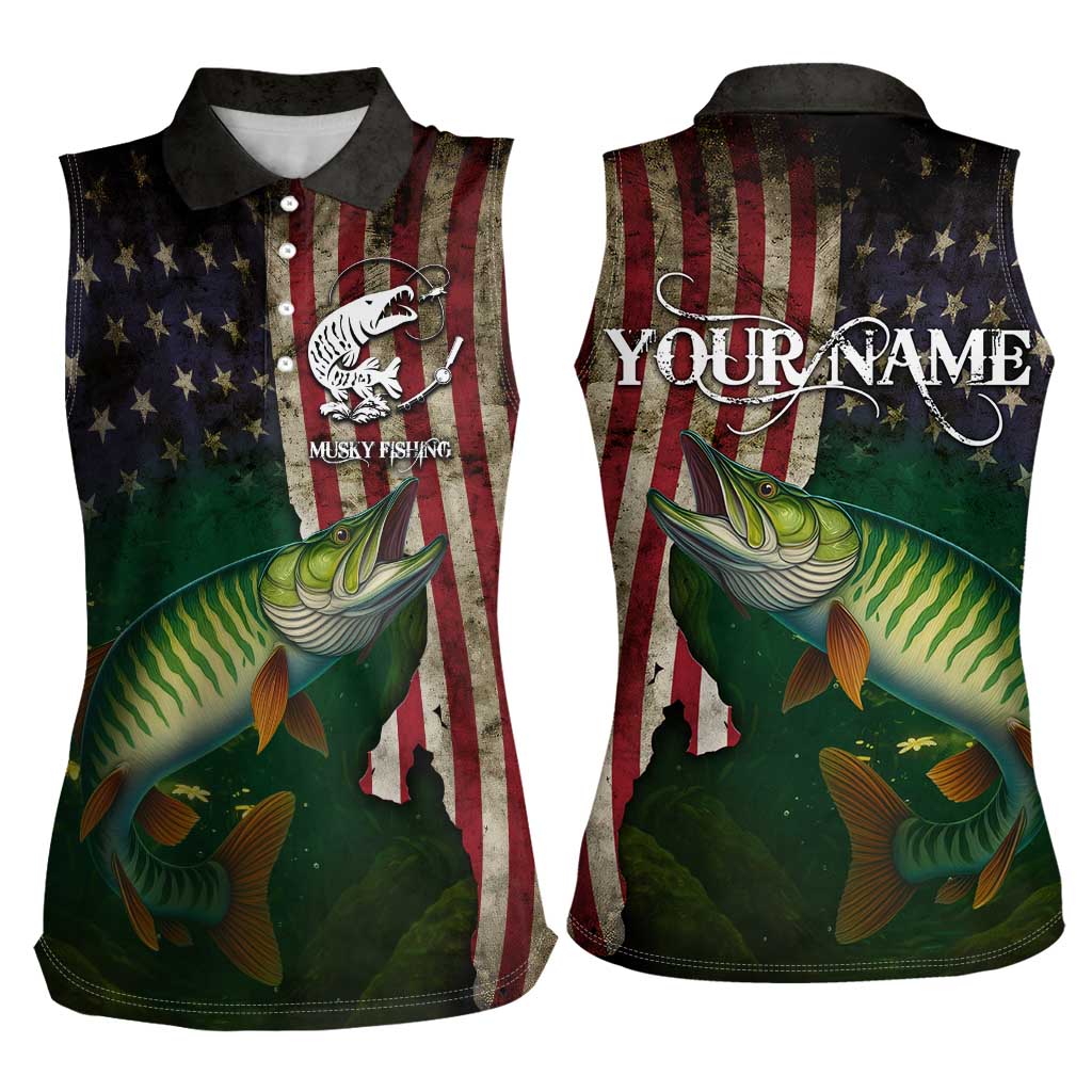 Musky Fishing Design Women Sleeveless Polo Shirt with American Flag Background and Custom Name Print - Wonder Print Shop