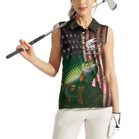 Musky Fishing Design Women Sleeveless Polo Shirt with American Flag Background and Custom Name Print - Wonder Print Shop