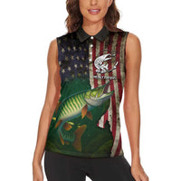 Musky Fishing Design Women Sleeveless Polo Shirt with American Flag Background and Custom Name Print - Wonder Print Shop