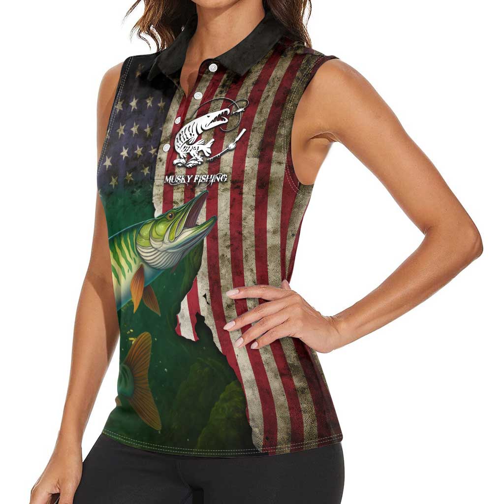 Musky Fishing Design Women Sleeveless Polo Shirt with American Flag Background and Custom Name Print - Wonder Print Shop