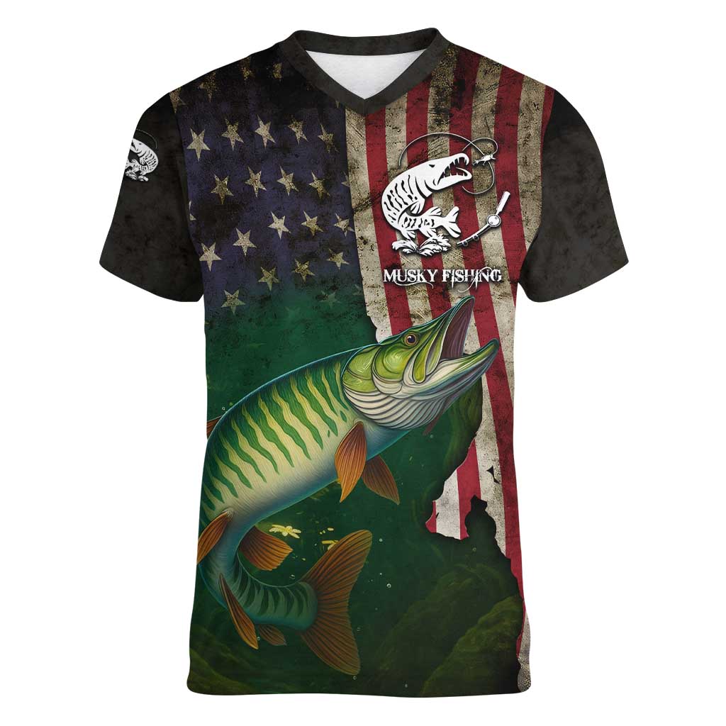 Musky Fishing Design Women V-Neck T-Shirt with American Flag Background and Custom Name Print - Wonder Print Shop