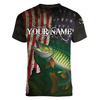 Musky Fishing Design Women V-Neck T-Shirt with American Flag Background and Custom Name Print - Wonder Print Shop