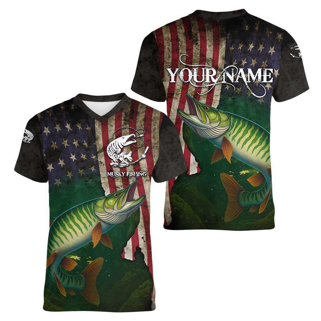 Musky Fishing Design Women V-Neck T-Shirt with American Flag Background and Custom Name Print - Wonder Print Shop