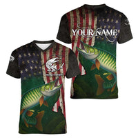 Musky Fishing Design Women V-Neck T-Shirt with American Flag Background and Custom Name Print - Wonder Print Shop