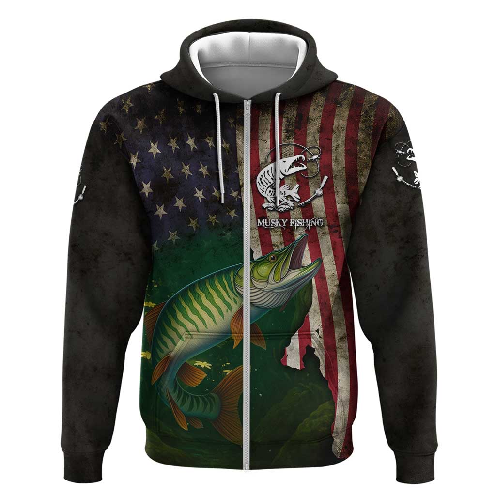 Musky Fishing Design Zip Hoodie with American Flag Background and Custom Name Print - Wonder Print Shop