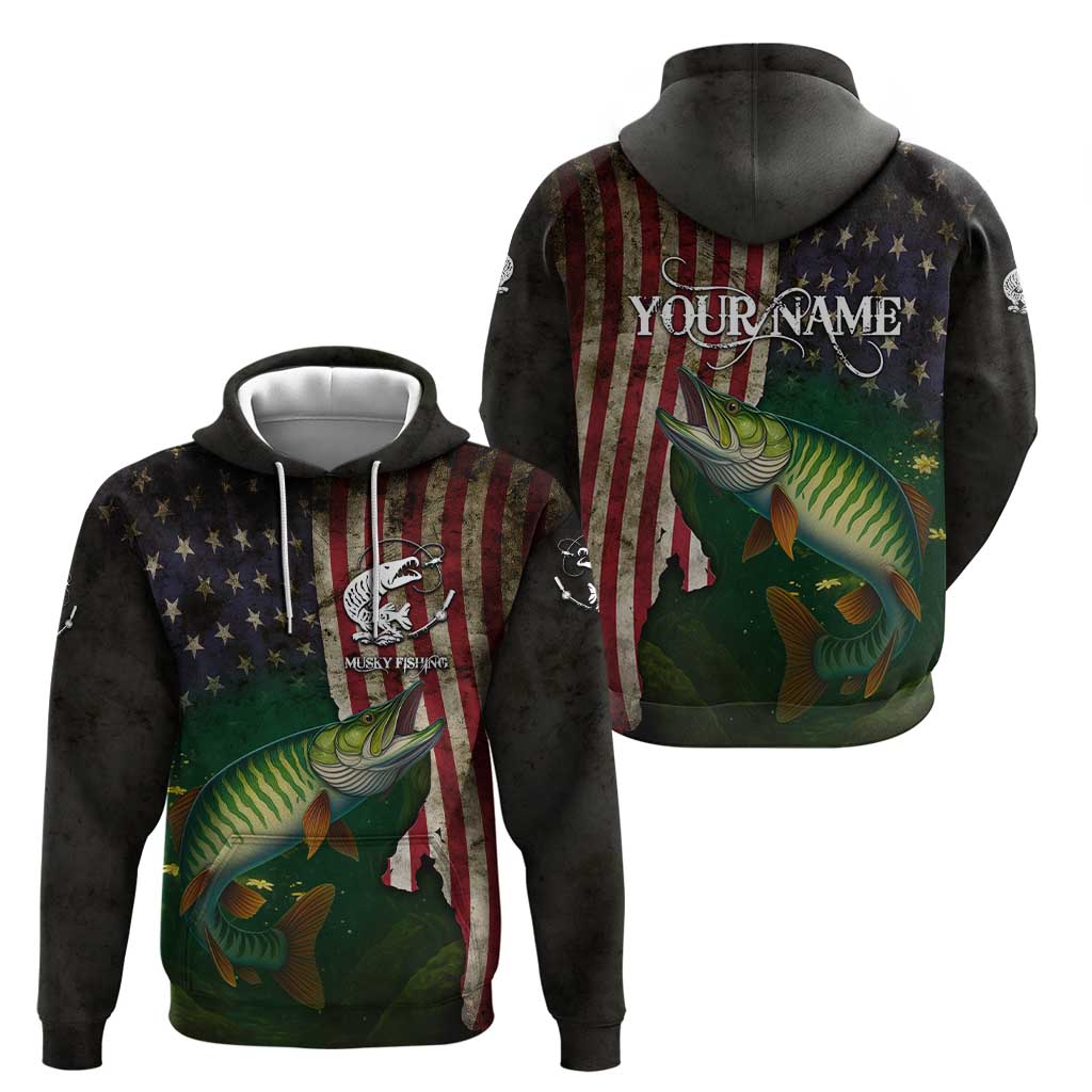 Musky Fishing Design Zip Hoodie with American Flag Background and Custom Name Print - Wonder Print Shop
