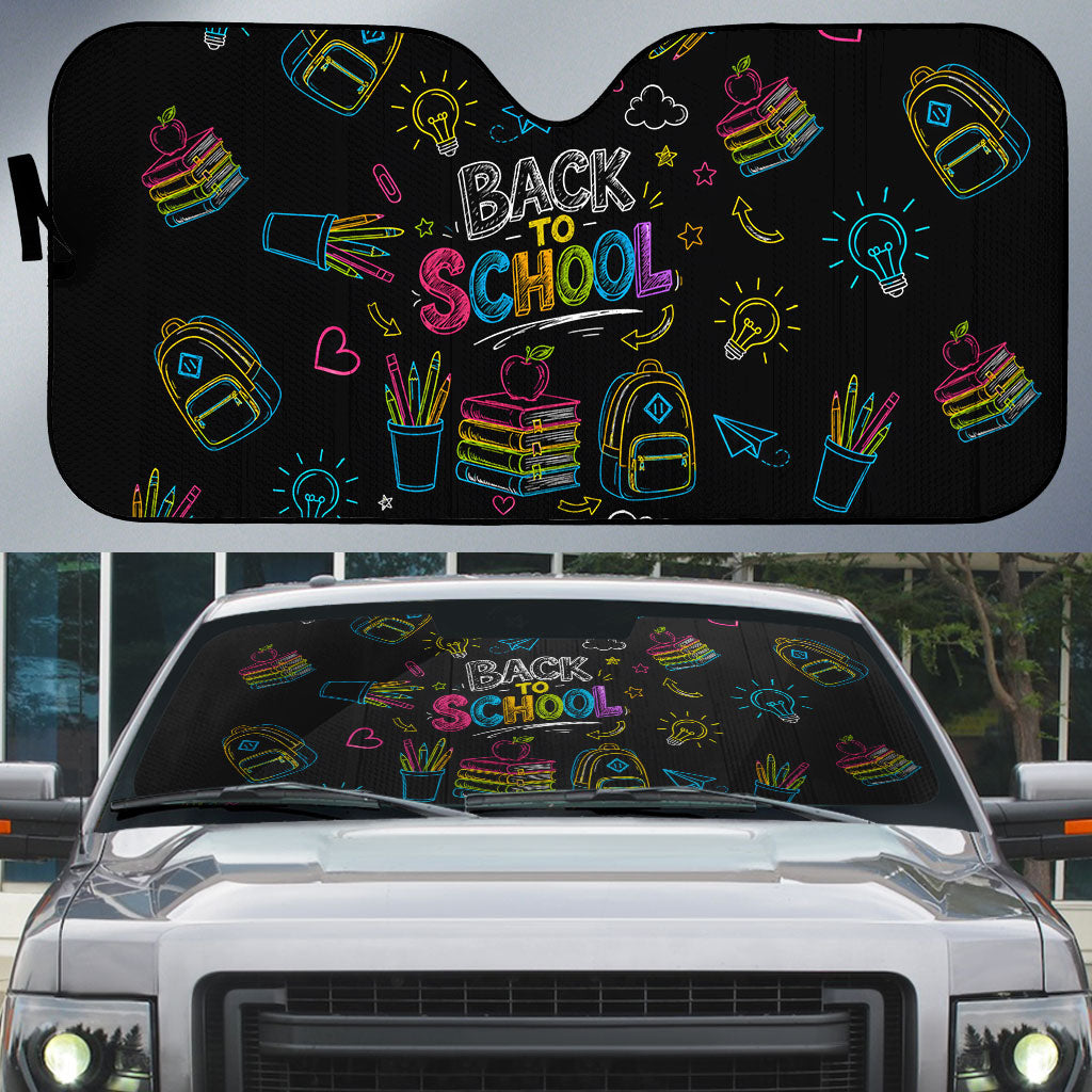 Back To School New Year New Chapter Auto Sun Shade Colorful Neon Chalkboard Doodle School Supplies