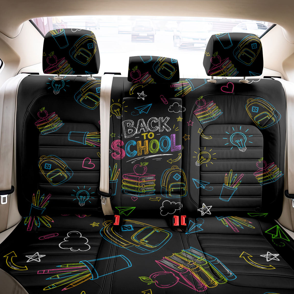 Back To School New Year New Chapter Back Car Seat Cover Colorful Neon Chalkboard Doodle School Supplies