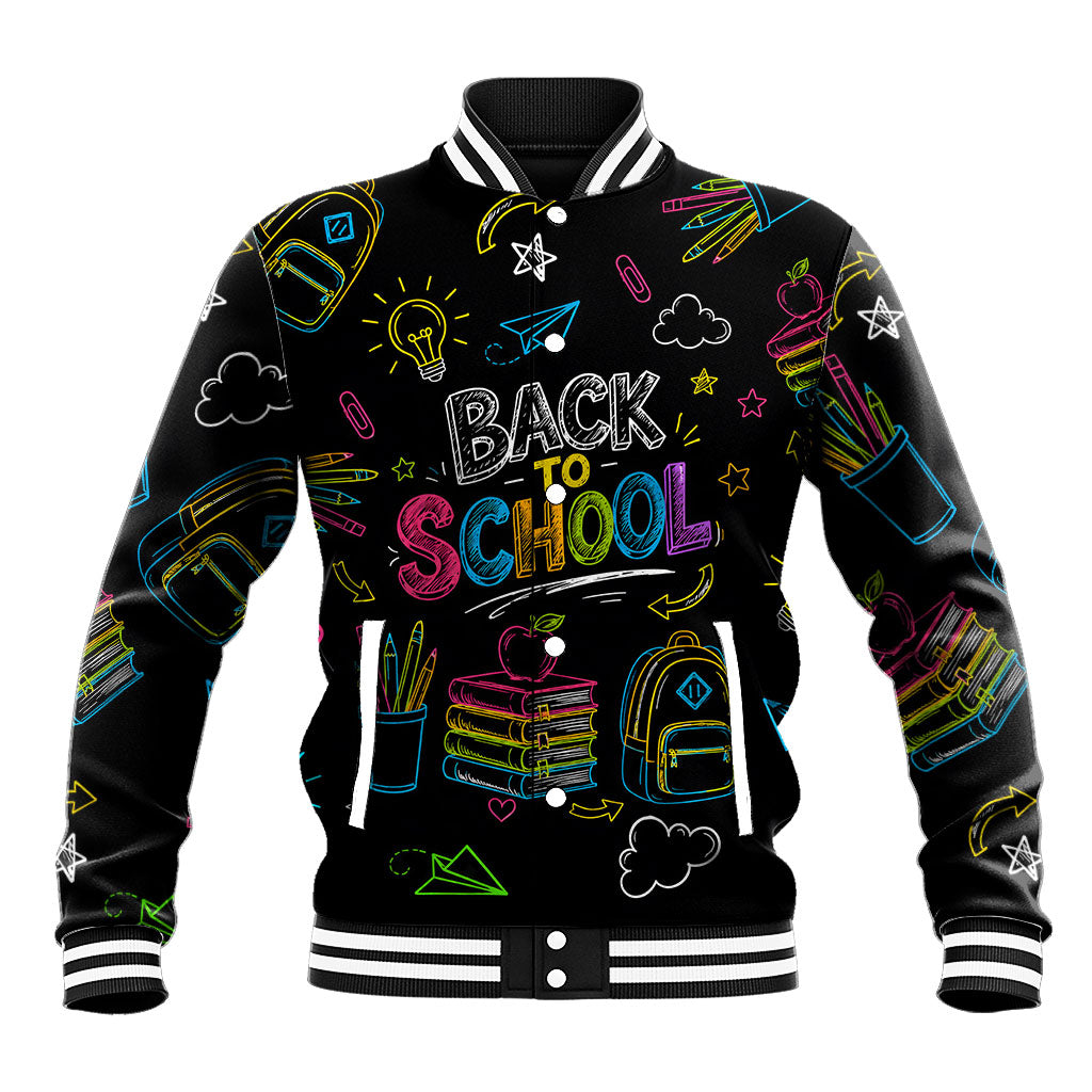 Back To School New Year New Chapter Baseball Jacket Colorful Neon Chalkboard Doodle School Supplies