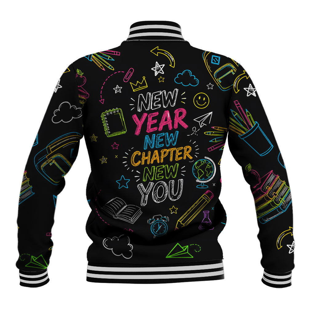 Back To School New Year New Chapter Baseball Jacket Colorful Neon Chalkboard Doodle School Supplies