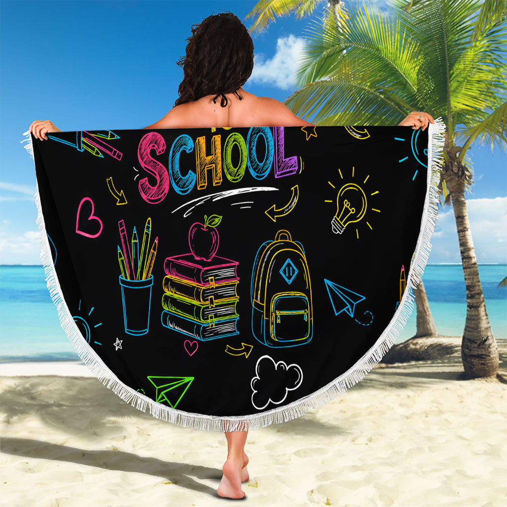 Back To School New Year New Chapter Beach Blanket Colorful Neon Chalkboard Doodle School Supplies