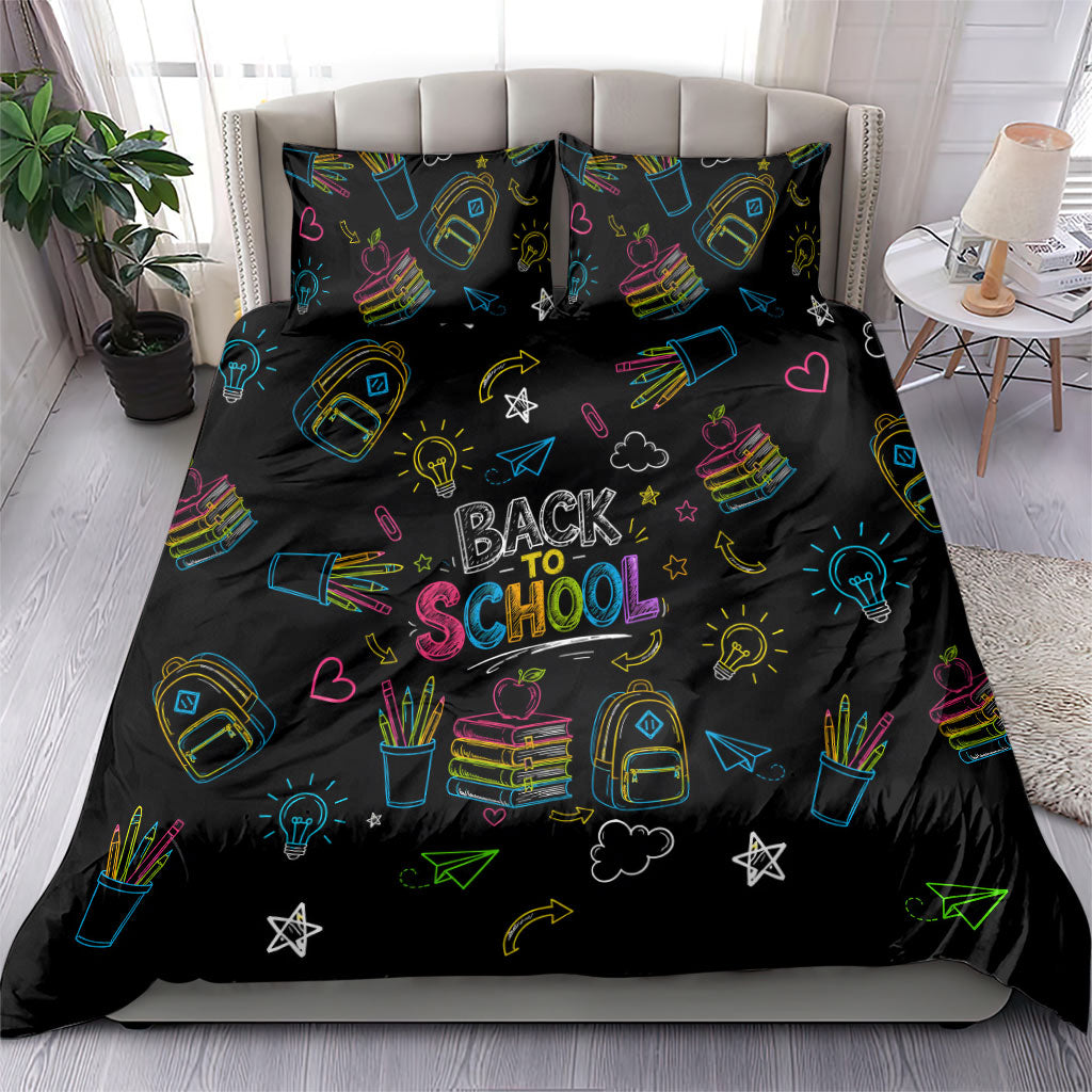 Back To School New Year New Chapter Bedding Set Colorful Neon Chalkboard Doodle School Supplies