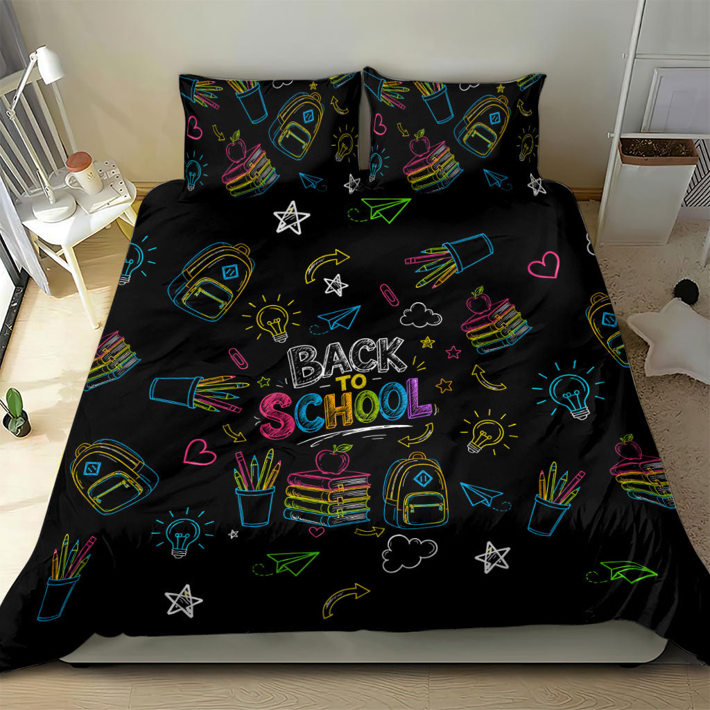 Back To School New Year New Chapter Bedding Set Colorful Neon Chalkboard Doodle School Supplies