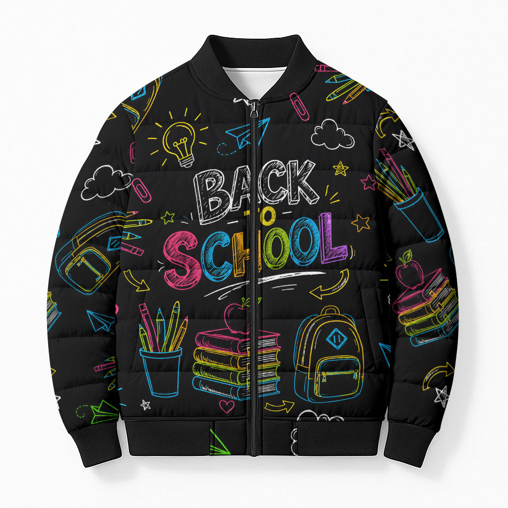 Back To School New Year New Chapter Bomber Puffer Jacket Colorful Neon Chalkboard Doodle School Supplies