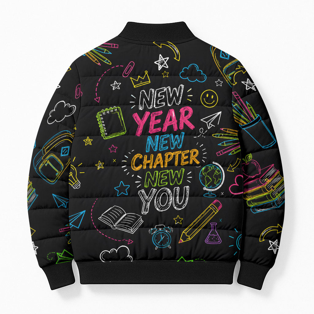 Back To School New Year New Chapter Bomber Puffer Jacket Colorful Neon Chalkboard Doodle School Supplies
