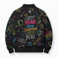 Back To School New Year New Chapter Bomber Puffer Jacket Colorful Neon Chalkboard Doodle School Supplies