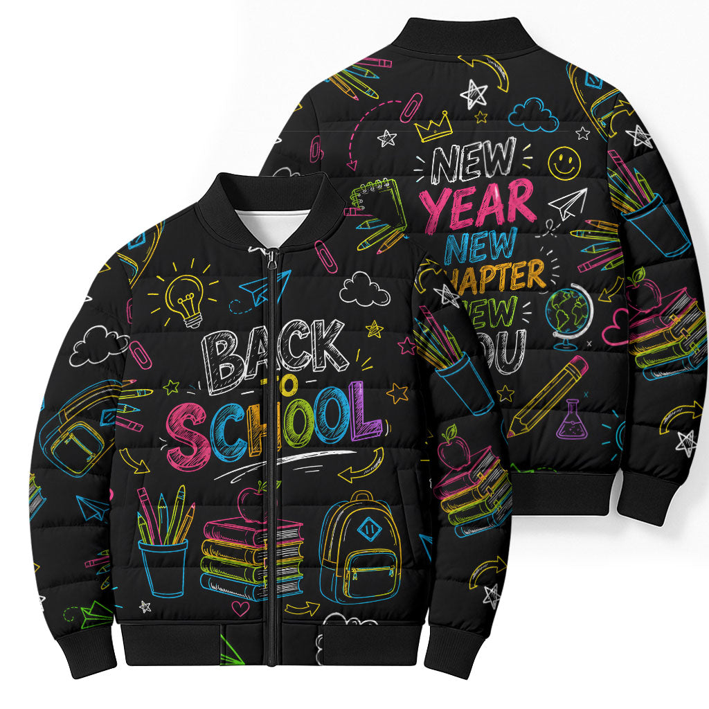 Back To School New Year New Chapter Bomber Puffer Jacket Colorful Neon Chalkboard Doodle School Supplies