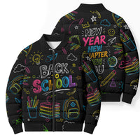 Back To School New Year New Chapter Bomber Puffer Jacket Colorful Neon Chalkboard Doodle School Supplies