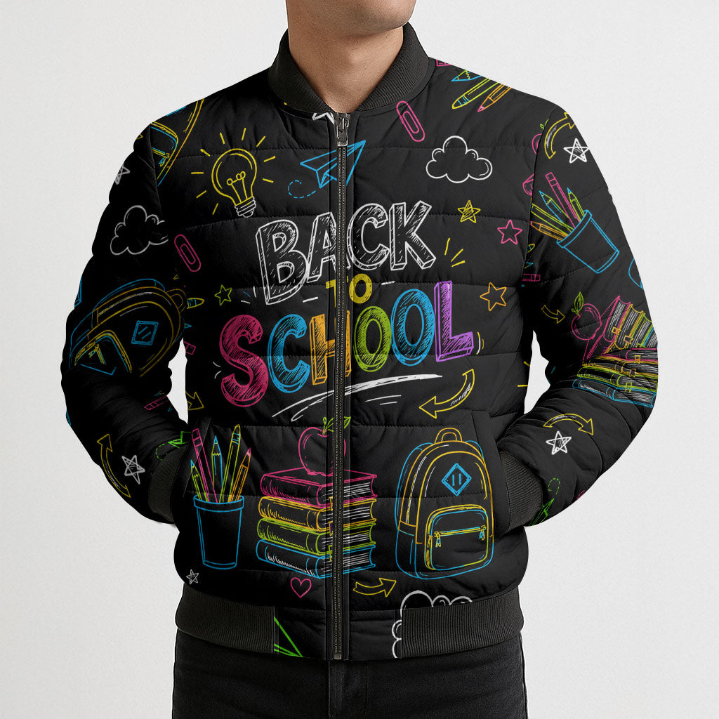 Back To School New Year New Chapter Bomber Puffer Jacket Colorful Neon Chalkboard Doodle School Supplies