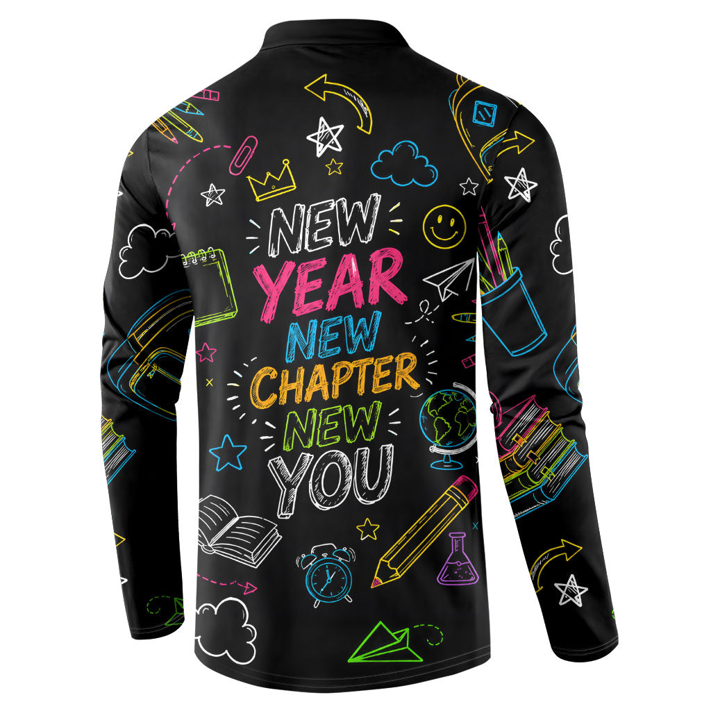 Back To School New Year New Chapter Button Sweatshirt Colorful Neon Chalkboard Doodle School Supplies