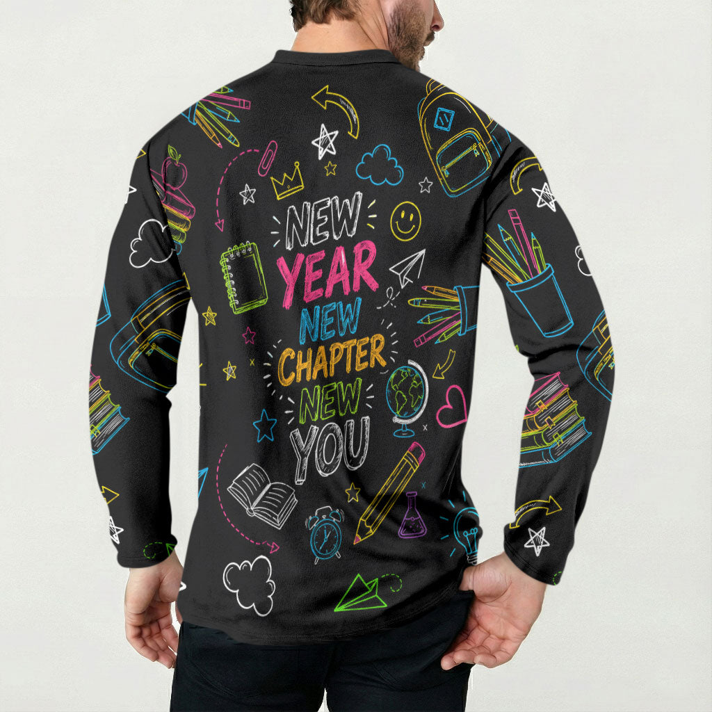 Back To School New Year New Chapter Button Sweatshirt Colorful Neon Chalkboard Doodle School Supplies