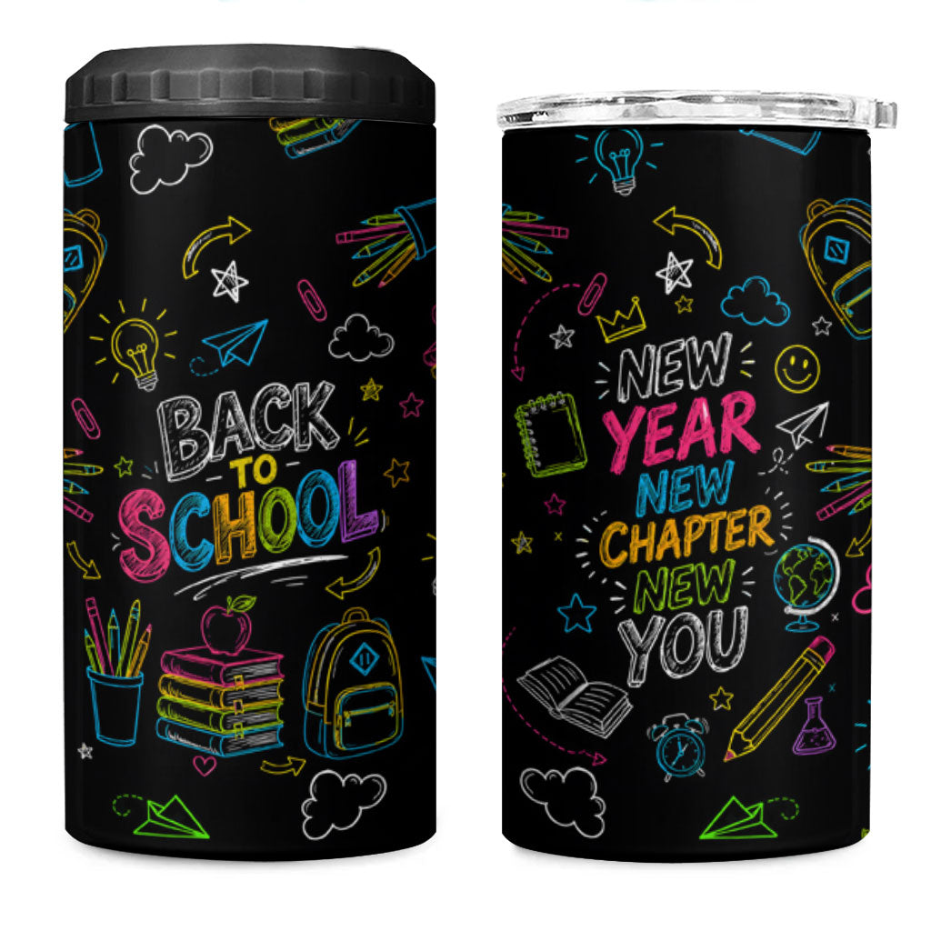 Back To School New Year New Chapter 4 in 1 Can Cooler Tumbler Colorful Neon Chalkboard Doodle School Supplies