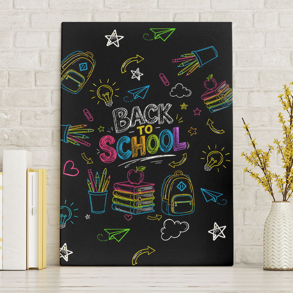 Back To School New Year New Chapter Canvas Wall Art Colorful Neon Chalkboard Doodle School Supplies