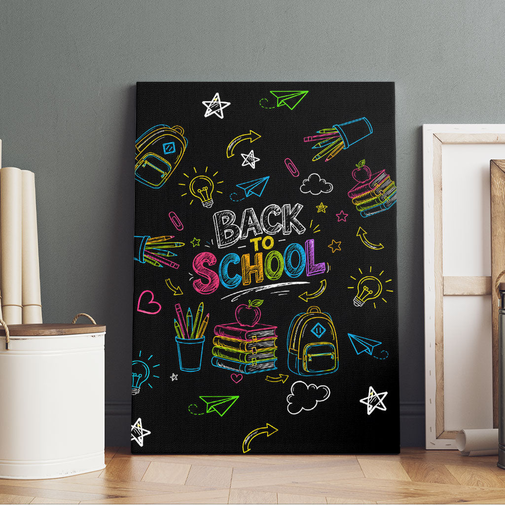 Back To School New Year New Chapter Canvas Wall Art Colorful Neon Chalkboard Doodle School Supplies
