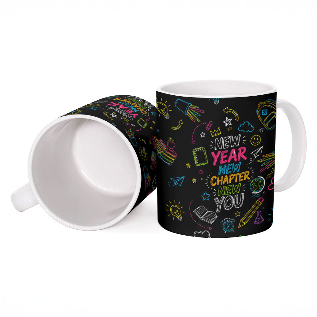 Back To School New Year New Chapter Ceramic Mug Colorful Neon Chalkboard Doodle School Supplies