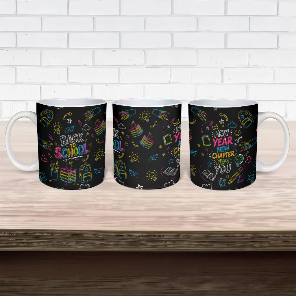 Back To School New Year New Chapter Ceramic Mug Colorful Neon Chalkboard Doodle School Supplies