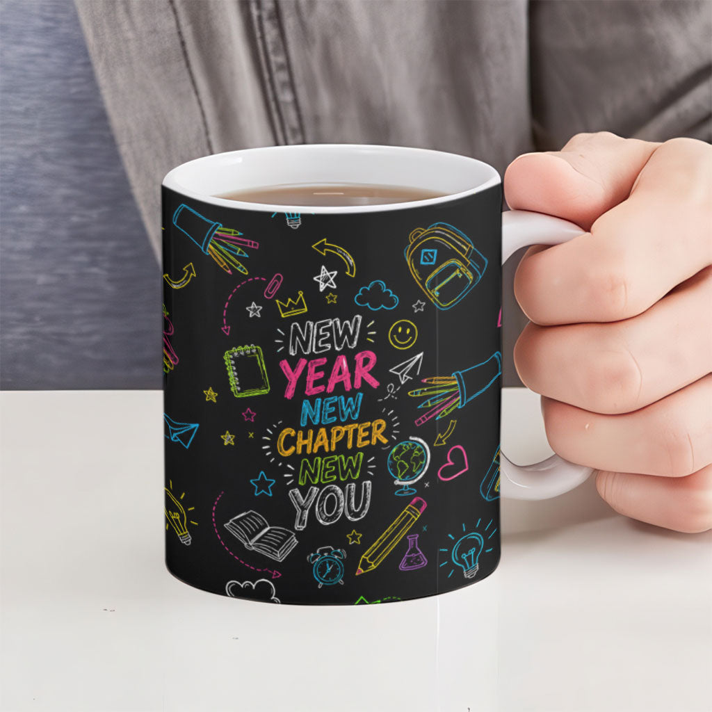 Back To School New Year New Chapter Ceramic Mug Colorful Neon Chalkboard Doodle School Supplies